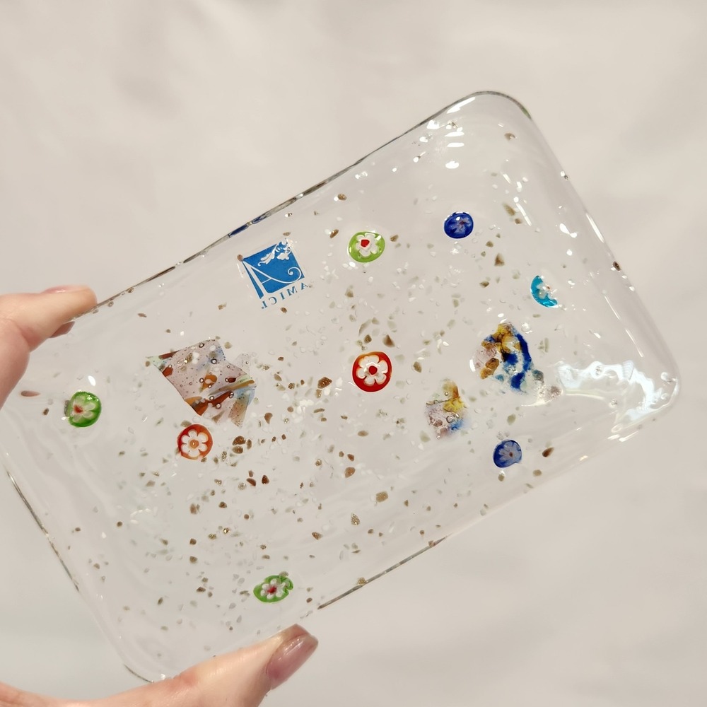Amici Fused Clear Glass Small Trinket Dish Plate Colorful Millefiori 5.5"x3.25" - Picture 5 of 8